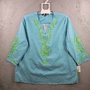 NEW Calessa Tunic Top Women 1X Geometric Print Blue Green White